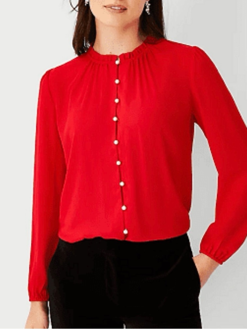 Ann Taylor Red Pearl-Button Ruffle Neck Blouse